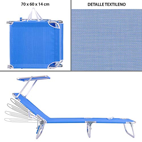 Tumbona Playa Cama con Parasol de 3 Posiciones de Aluminio y textileno de 190x58x25 cm (Azul)