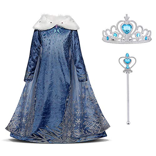URAQT Disfraz de Elsa, Vestido de Princesa Elsa, Vestido de Copo de Nieve de Encaje Fino con Varita de Hada y Tiara de Corona, para Cumpleaños, Fiesta de Navidad de Halloween 150cm