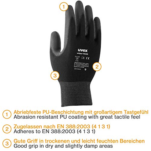Uvex 10 pares de guantes de trabajo Unipur 6639 con recubrimiento de PU - Guantes de protección mecánica EN 388 - Talla 07/S