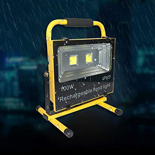 VA-Cerulean Foco LED amarillo con batería, IP65, resistente al agua, lámpara de trabajo, recargable, portátil, lámpara de mano para taller, camping, garaje y obras (100 W, luz blanca fría)
