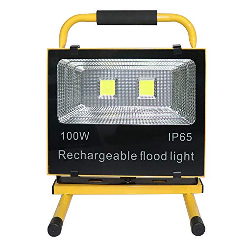 VA-Cerulean Foco LED amarillo con batería, IP65, resistente al agua, lámpara de trabajo, recargable, portátil, lámpara de mano para taller, camping, garaje y obras (100 W, luz blanca fría)