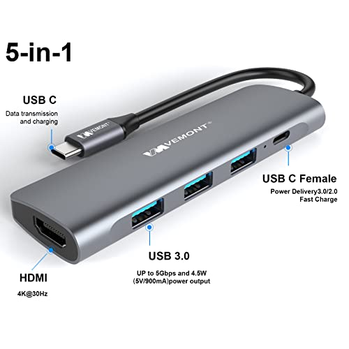 VEMONT Hub USB C, 5 en 1 Aluminio Type C Hub Adaptador de Tipo C a HDMI 4K con 3 Puertos USB 3.0, 100W PD Carga Rápida, Compatible para MacBook Air/Pro iPad XPS y más Dispositivos USB C
