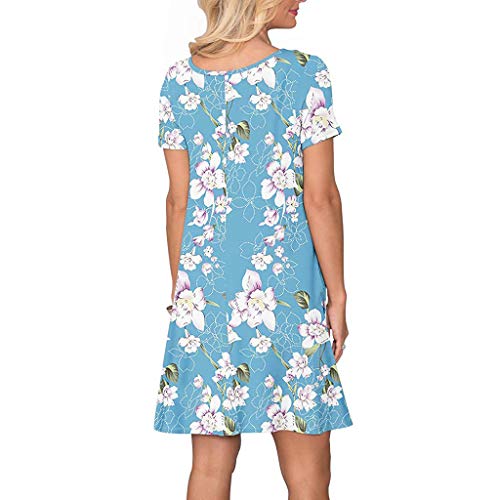 VEMOW Vestido mujer Mujeres verano manga corta floral bolsillos impresos vestido de oscilación ocasional de Sundress(A Cielo azul,XL)