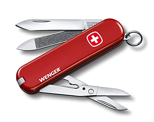 Victorinox Wenger Navaja pequeña con 7 funciones incluyendo lima para uñas y tijera con microdentado, color rojo