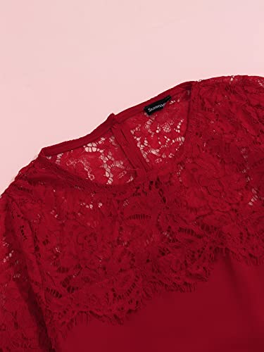 VONDA Camisa Mujer Manga Larga Sexy para con Blusa Encaje Tops Elegantes Bordados Túnica Cuello Redondo Shirt A-Vino Tinto L