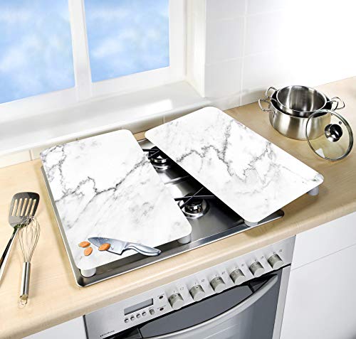 WENKO Placas cobertoras de vidrio universales Mármol, Cubiertas de cocina, juego de 2 unidades, para todos los tipos de cocinas, Vidrio endurecido, 30 x 1.8-5.5 x 52 cm, Multicolor