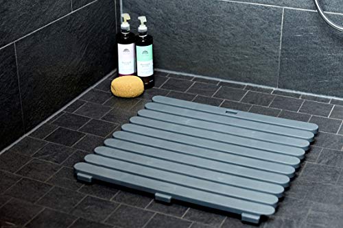 WENKO Tarima de baño Indoor & Outdoor gris - alfombra para ducha, rejilla para ducha, baño, piscina, sauna con estructura antideslizante, Plástico, 55 x 3 x 55 cm, Gris