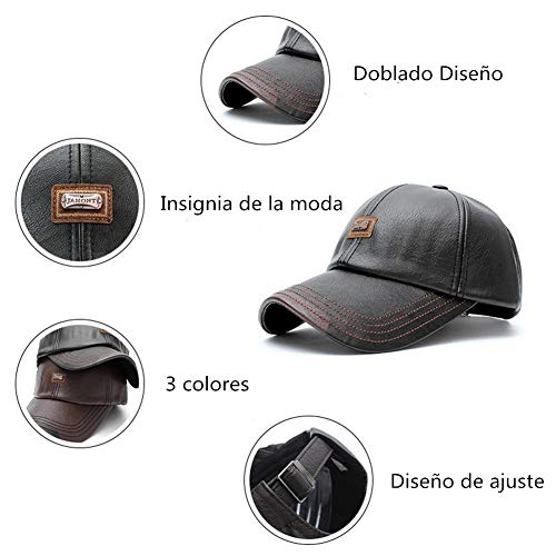 Wiemoon 1 Pieza 56-60 CM Gorras de Béisbol para Hombre Sombrero de Invierno Sombrero de Cuero de La PU Hueso Equipado Negro