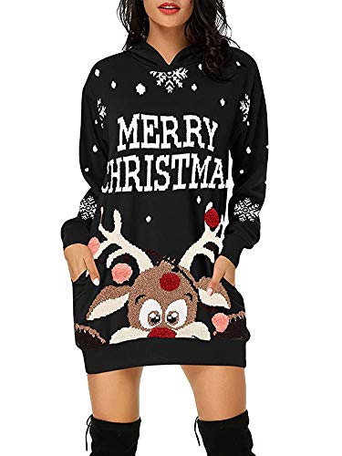 Women Christmas Sweater Dresses Snowflake Deer Long Sleeve Hoodies Sweatershirt Dress with Pockets (Multicolor, S)
