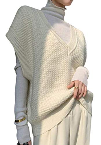 Women 's V Neck Sweater Vest, Casual Sleeveless Solid Color Cable Knitted Loose Fit Tank Top (White, L)