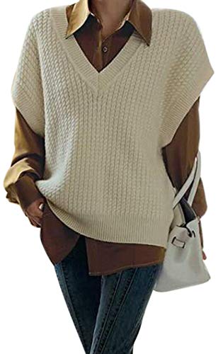 Women 's V Neck Sweater Vest, Casual Sleeveless Solid Color Cable Knitted Loose Fit Tank Top (White, L)