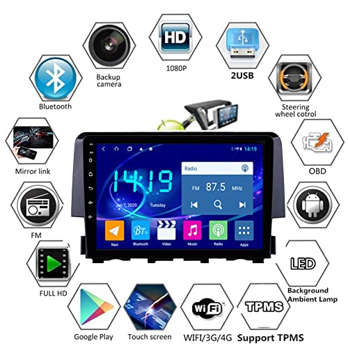 Wxstra Android Coche Radio GPS 9 Pulgadas Pantalla Táctil para Honda Civic 10 2015-2020 Navegación GPS BT WiFi USB WiFi DSP Reproductor De Pantalla Mandos Volante (Color : 4G 4G 64G)