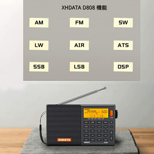 XHDATA D-808 Radio Digital Portátil FM estéreo/SW/MW/LW SSB RDS Banda Aérea Altavoz de Radio con Pantalla LCD Reloj de Alarma Antena Externa y Batería Recargable(Gris)