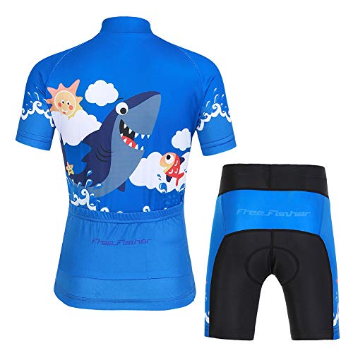 YFPICO Niños Traje de Ciclismo Transpirable para Deportes al Aire Libre Ropa Ajustada Cuerpo Pantalones + Tops Especial de la Almohadilla, Azul tiburón Tops+Pantalones, S（3-4 años