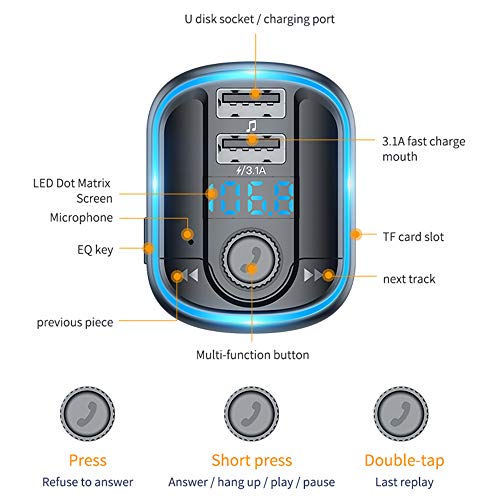 You's Auto Transmisor FM Bluetooth V5.0 Coche Manos Libres Carga Rapida 3.1A Inalámbrico Reproductor MP3 Mechero Coche con Dual USB Puerto Carga Adaptador de Radio Soporte Tarjeta SD y U Disk