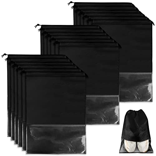 Yuehuabao 18Pcs Bolsas para Zapatos Negro para Almacenar Bolsas para Zapatos a Prueba de Polvo Bolsas de Zapatos de Viaje de Telas no Tejidas con Cordón Portátil (Negro,44x32cm)