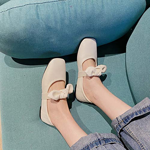 YYCHER Mary Jane - Zapatos clásicos para niñas y mujeres, mocasines de punta cuadrada y poco profunda, cómodos zapatos de corte con nudo de lazo (color: beige, talla 5 UK)
