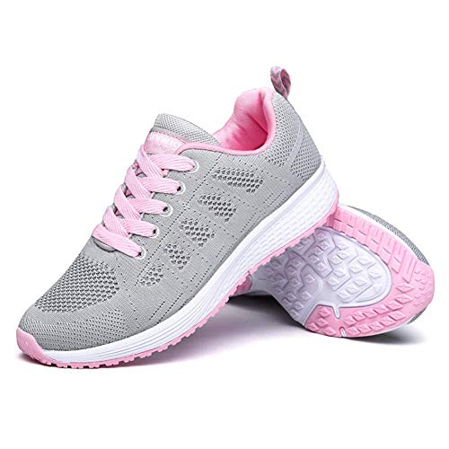 Zapatillas Deportivas Mujer Sneakers Zapatos para Correr para Niña Mujeres Running Zapatos Casuales de Mujer Ligero Respirable Atarse Rosa Gris Talla 39