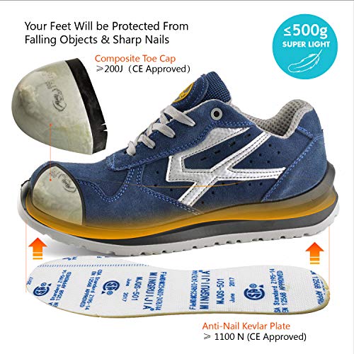 Zapatos de Seguridad para Hombres con Puntera de Fibra de Vidrio - SAFETOE 7328 Zapatillas Ultra-Ligeras Azul (Talla 45, Azul)