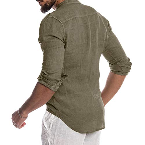 ZODOF Camisas Hombre Casual Cuello Redondo Botón Lino Slim fit Sólido Playa Manga Larga Tops Blusa Camisa Verano Hombre(M,Ejercito Verde)