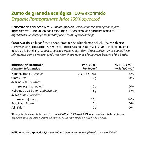 Zumo de Granada Ecológico de Vitalgrana - BIO - 100% Natural - Sin Azúcar Añadido ni Conservantes ni Colorantes - 750ml - 6 unidades