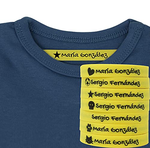 100 Etiquetas Personalizadas con Nombre e Icono para marcar la ropa. Etiquetas de tela Amarilla termoadhesiva para planchar en camisetas, pantalones, abrigos y todo tipo de prendas de niños.
