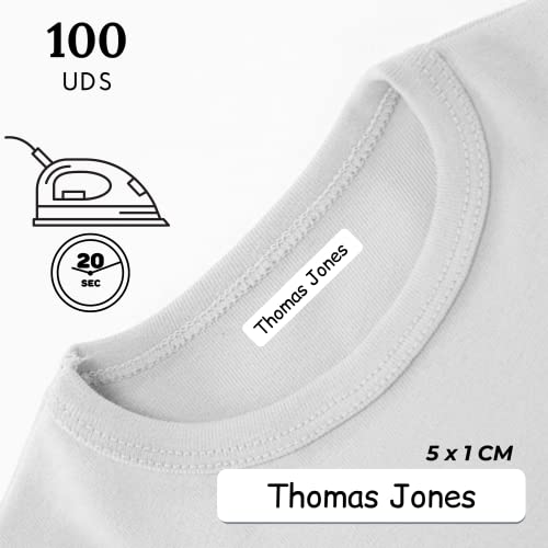 100 Etiquetas personalizadas para planchar. Pegatinas con nombre personalizado para marcar ropa, Infantil, adultos y abuelos. (1 x 5 cm). ALTA resistencia al lavado y secado. (100)