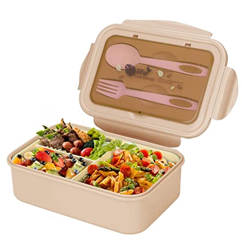 1400ml Caja de Almuerzo de Plástico , Caja de Bento con 3 Compartimentos y Cubiertos (Tenedor y Cuchara) (Caqui)