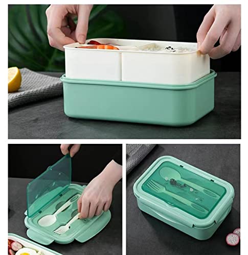 1400ml Caja de Almuerzo de Plástico Verde,Caja de Bento con 3 Compartimentos y Cubiertos (Tenedor y Cuchara), adecuada para hornos de microondas y lavavajillas, salud duradera (Verde)