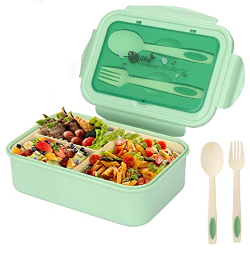 1400ml Caja de Almuerzo, Reutilizable Caja de Bento con 3 Compartimentos y Cubiertos (Tenedor y Cuchara)Fiambreras (verde)
