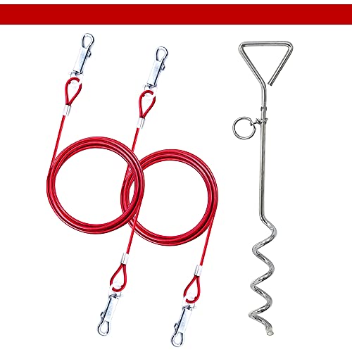 2 cadenas de perro de 1,8 m para fuera de cable de acero en espiral resistente para el suelo, 40 cm, accesorios para acampar, cables y estaca, 2 x 1,8 m (rojo))