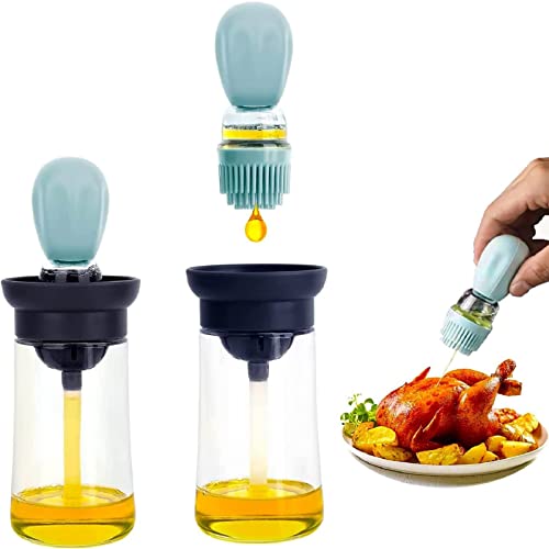 2 In 1 Oil Dispenser Bottle, Glass Olive Oil Bottle And Brush, Silicone Dropper Measuring Oil Dispenser Bottle, For Kitchen Cooking, BBQ, Baking (Blue)