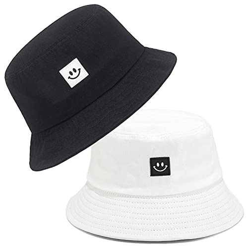 2Pcs Gorros Sombreros de Pescador Sonrisa Bucket Hat Algodón Plegable Sombrero de Cubo Verano Sombrero de Pesca Gorro de Pescador Sombrero de Sol de Playa para Excursionismo Cámping Viaje (58cm)
