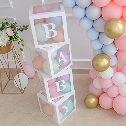 4 Cajas Cajas para Baby Shower Decoración para Fiestas, Transparentes para Globos con Letras en Inglés para Revelar el Sexo del Bebé (Blanco)