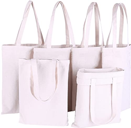 6 PCS Tote Bag bolsas de algodón, Bolsa de lona, Reutilizable Asas Largas para Ropa, Manualidades, Alimentos, Verduras, IR de Paseo y Uso Diario