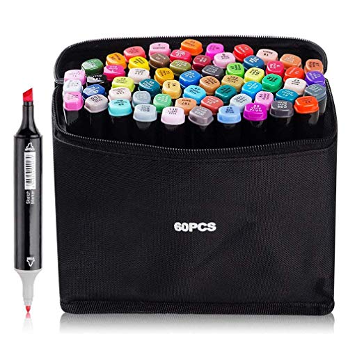 60 Colores Marker Pen Set Dibujo Rotulador Animación Boceto Marcadores Set permanente de graffiti Pen para dibujar bocetos de arte, pintar, colorear y subrayar (Negro, 60 Colores)