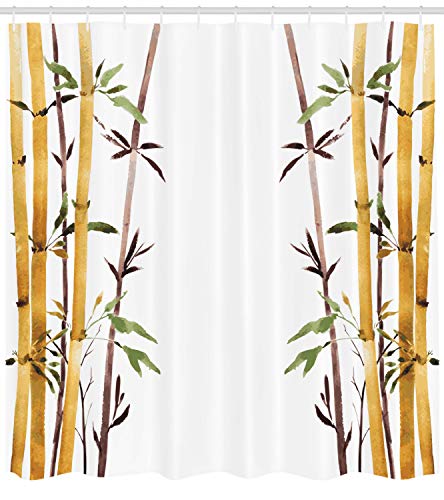 ABAKUHAUS Bambú Cortina de Baño, Extraer Las Manos Hoja bambúes, Material Resistente al Agua Durable Estampa Digital, 175 x 200 cm, Crema Marrón Blanco