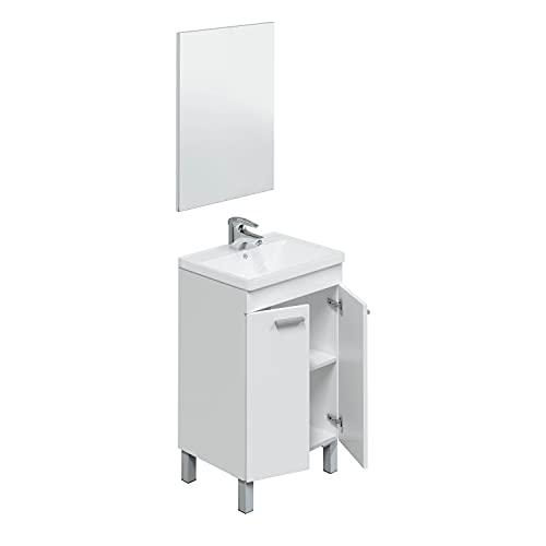 Abitti Mueble de baño Aseo pequeño con Espejo Incluido, 2 Puertas Color Blanco Brillo 50x80x40cm. NO Incluye LAVAMANOS.