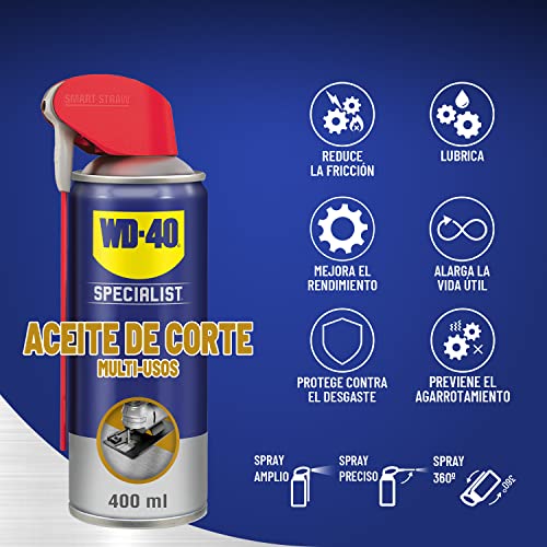 Aceite de corte de WD-40 Specialist - Aceite, maximiza la vida de los equipos de corte y perforación, taladros de columna y sierras - Pulverizador Doble Acción, Amplio, Preciso y Spray 360º - 400 ml