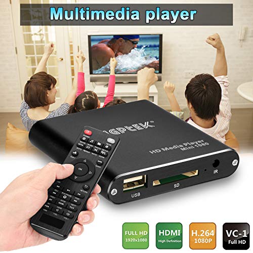 AGPTEK Media Player Mini Reproductor Multimedia HDMI con Control Remoto Soporta Unidad Flash USB Tarjeta SD/ SDHC Disco Duro Externo de 2TB para MKV / RM/ MP4 / AVI etc (Negro)