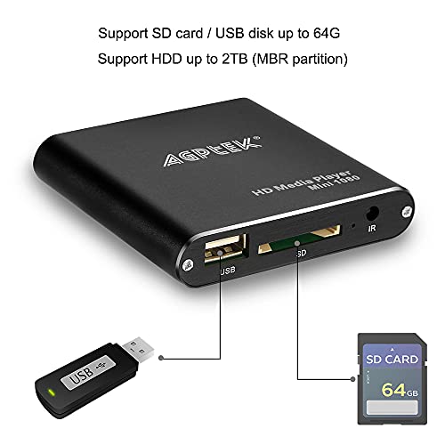 AGPTEK Media Player Mini Reproductor Multimedia HDMI con Control Remoto Soporta Unidad Flash USB Tarjeta SD/ SDHC Disco Duro Externo de 2TB para MKV / RM/ MP4 / AVI etc (Negro)