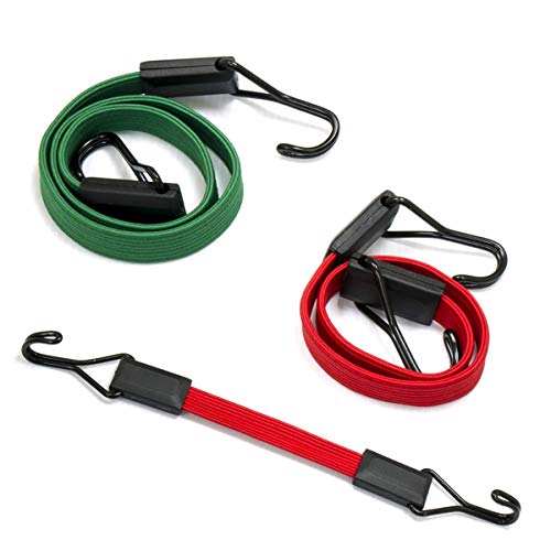 Amazon Basics - Cuerdas Elásticas Planas, 80 cm, 60 cm, 30 cm, Paquete de 3, color Verde y Rojo