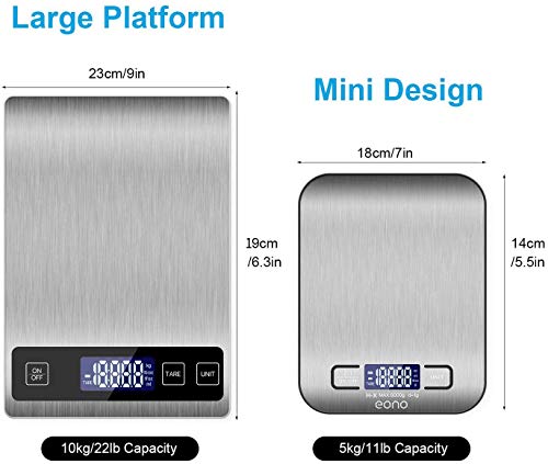 Amazon Brand - Eono Báscula de cocina digital báscula de acero inoxidable de con opción de gramos y onzas para hornear y cocinar 5 kg/1 g