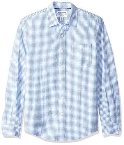 Amazon Essentials - Camisa de lino con manga larga, corte entallado y estampado para hombre, Azul (Blue Gingham), US XL (EU XL - XXL)