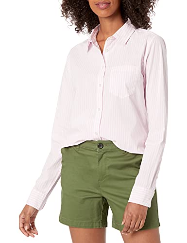 Amazon Essentials – Camisa de popelín de manga larga de corte clásico para mujer, rosa (rayas), US L (EU L - XL)