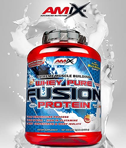 AMIX, Proteína Whey, Pure Fusión, Concentrado de Suero Ultra Filtrado, Sabor a melón y yogurt, Proteínas para Aumentar Masa Muscular, Proteína Isolada con Splenda, Contiene L-glutamina, 2,3 Kg