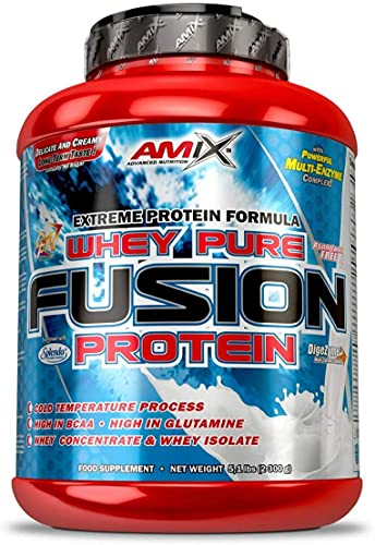 AMIX, Proteína Whey, Pure Fusión, Concentrado de Suero Ultra Filtrado, Sabor a melón y yogurt, Proteínas para Aumentar Masa Muscular, Proteína Isolada con Splenda, Contiene L-glutamina, 2,3 Kg