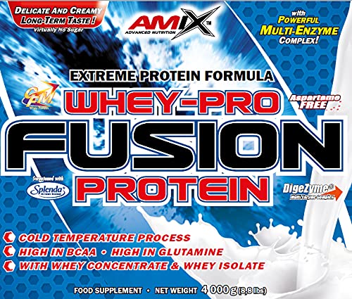AMIX, Proteína Whey, Pure Fusión, Concentrado de Suero Ultra Filtrado, Sabor a Vainilla, Proteínas para Aumentar Masa Muscular, Proteína Isolada con Splenda, Contiene L-glutamina, 4 Kg