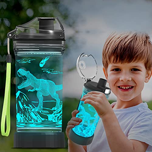 Ammonite Botella de agua de dinosaurio para niños con luz LED brillante 3D – 14 oz Tritan libre de BPA – Taza de viaje ideal creativa regalo de para la escuela, niño, vacaciones, camping, picnic
