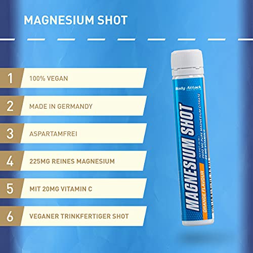 Ampollas Body Attack Magnesium Shot, magnesio líquido (2600mg de citrato de magnesio puro) listo para beber con 20mg de vitamina C (20 ampollas por 25ml), vegano, Made in Germany